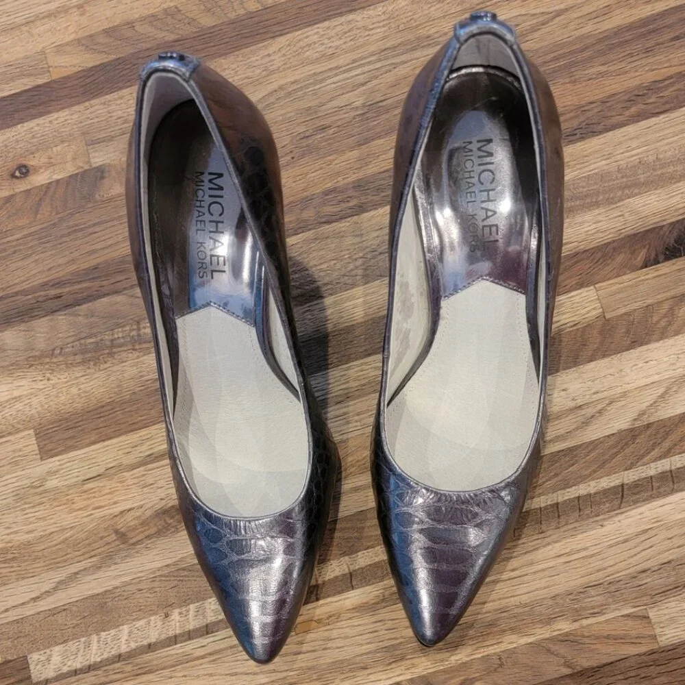 Michael Kors Leather Croc Embossed Heels Silvery Purple Color